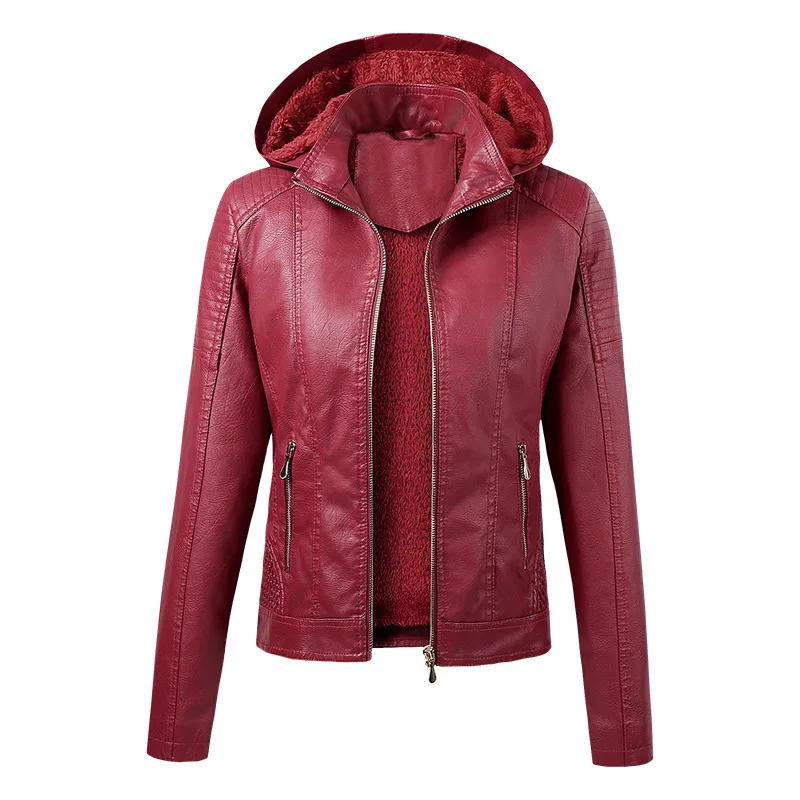 

Winter Spring Plus Velvet Warm Leather Coat Women's Fashion Hooded Collar Outerwear Tops Female Slim Fit Zipper Leather Jackets