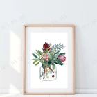 Protea, австралийский родной, ботанический, эвкалипт, цветочная живопись, настенное искусство, подарок для нее, Австралия