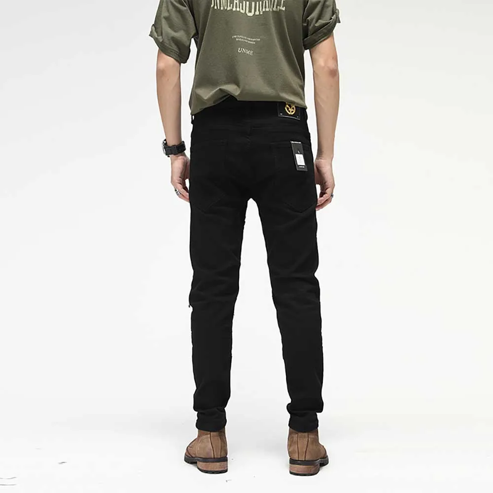 Retro Black Stretch Biker Jeans Slim Fit Knee Zipper Pleated Trousers Men Distressed Skinny Denim Streetwear Patchwork Joggers