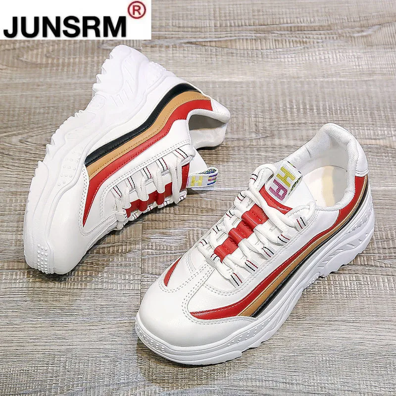 

2021 Spring Autumn Women White Thick Bottom Daddy Sneakers Fashion Chunky Round Toe Breathing Leisure Female Vulcanize Shoes