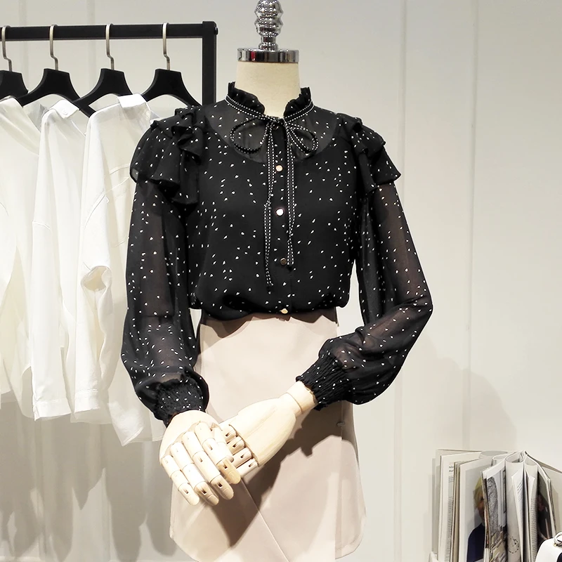 MUMUZI для женщин в красный горошек Блузка сложного кроя с принтом топы длинными