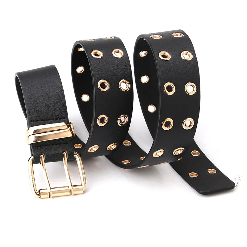 

Ремень в стиле панк для женщин, модный двухрядный пояс для джинсов, брюк, повседневный аксессуар из искусственной кожи