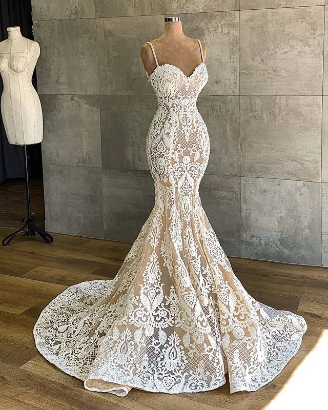 2020 Wedding Dress Sweetheart Lace Applique Mermaid Bridal Gown With Spaghetti Strap