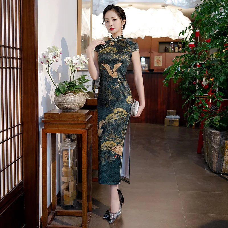 

New Silk Long Short-Sleeved Spring And Summer Girls Daily Double Cheongsam Skirt Slim Show Modern Qipao Flowers Dresses