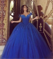 blue puffy cheap quinceanera dresses ball gown off the shoulder tulle beaded sweet 16 dresses