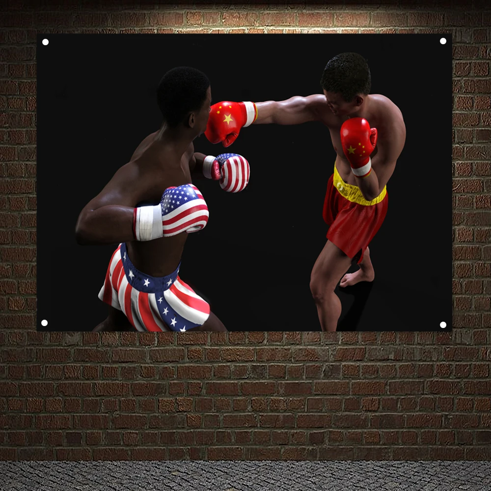 

USA VS China Banner Concept of Trade War Between USA And China Poster Wall Art Two Boxer Fighting US China Flag Tapestry Mural
