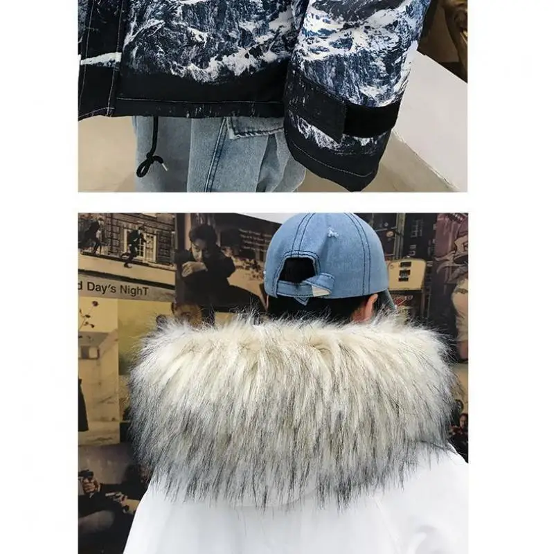 M-5XL Plus Size Men's Winter Puffer Jacket Thicken Winter Coat Warm Outwear with Removerable Fur Hood Mountain Printed Coat Mens