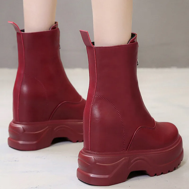 Winter Women Leather Boots Round Toe Platform Height Increasing Chunky Antiskid Bottom High Thick Heels Ladies Shoes Botas Mujer | Обувь