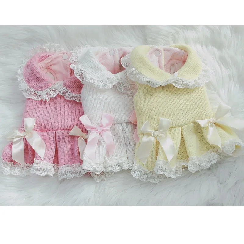 Милая одежда для принцессы и собак вязаное пальто платье зимнее розовое желтое