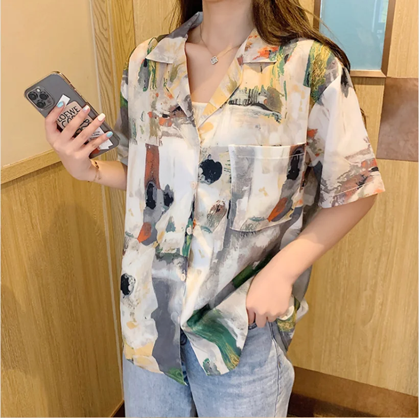 

Large size women's shirt casual retro street top tie-dye shirt 2021 summer new suit collar t-shirt shirt women short sleeves