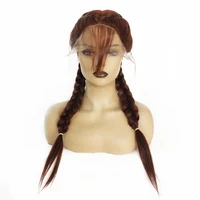 high quality pre plucked long double braids synthetic braided lace front wig with baby hair auburn color natural women wigs