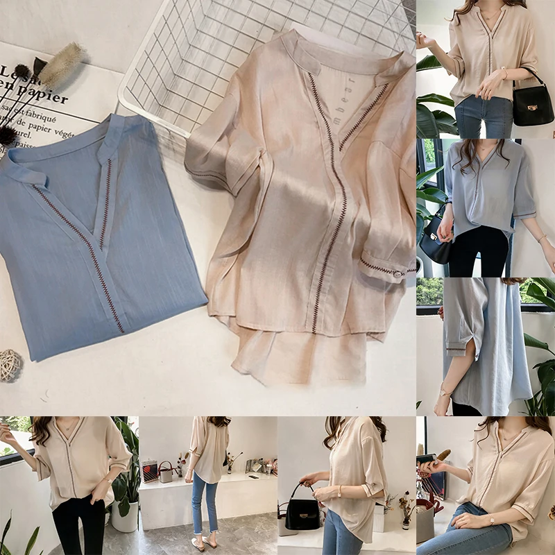 

Casual Women Solid Blouse V Neck Shirts Short Sleeve Tops Loose Office Shirt Casual Tee Apricot Blue
