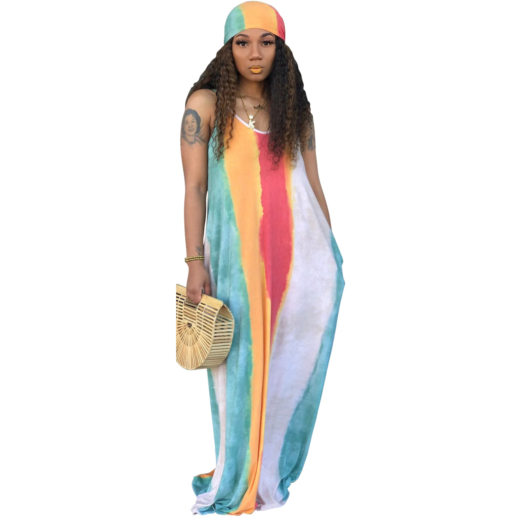 

S-XL S-XXL Womens Summer Suspender Maxi Dress Plus Size Striped Printed Sleeveless with Pockets and Belt
