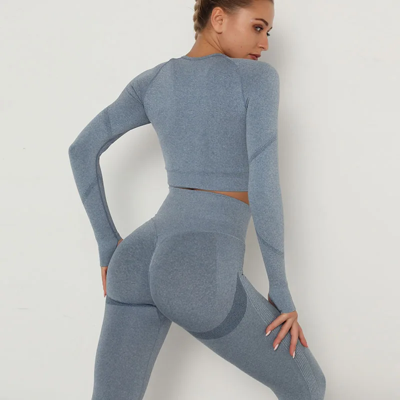 

Women Seamless Yoga Set Fitness Sports Suits Gym Clothing High Waist Running Leggings Workout Pants Long Sleeve Crop Top Shirts