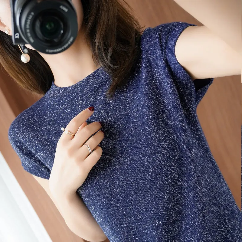 Новые летние вязаный свитер женский свободный джемпер пуловер с короткими