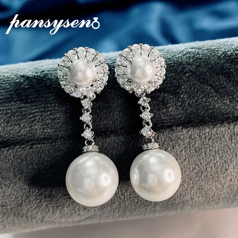 

PANSYSEN Elegant Wedding Engagement Cocktail Party Pearl Drop Earrings Sold Silver 925 Fine Jewelry Dangle Earrings Girls Gift