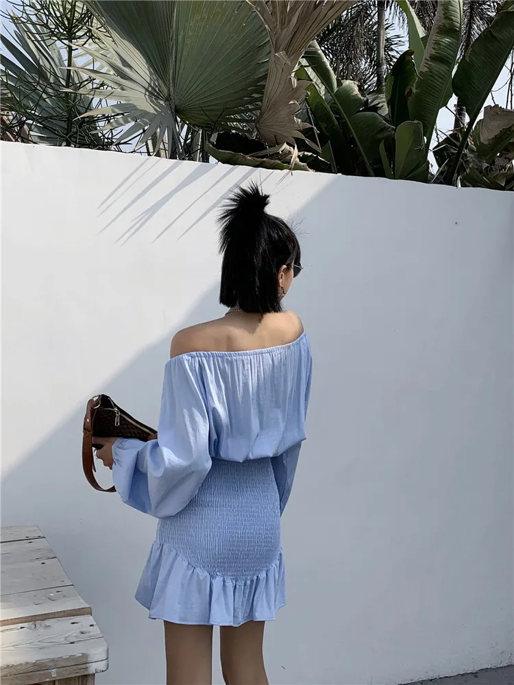 

Popular Dress for Female 2021 New Spring and Summer Off-Shoulder Short Dress Ruffled Elastic Pleated French Sexy Slimming Dress