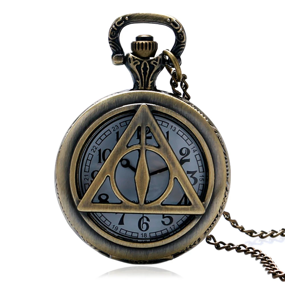 

Flip Case Clock Bronze Retro Triangle Hallows Analog Quartz Pocket Watch Men Women Children Necklace Birthday Gifts to Kid
