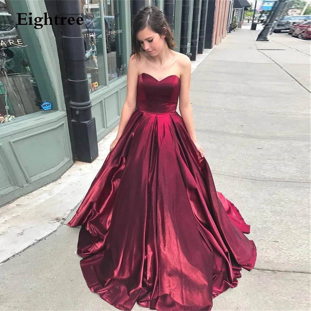 

Eightree Wine Red Sweetheart Long Evening Dress A-line Sleeveless Pleated Satin Pleated Floor Length Party Gowns Dress