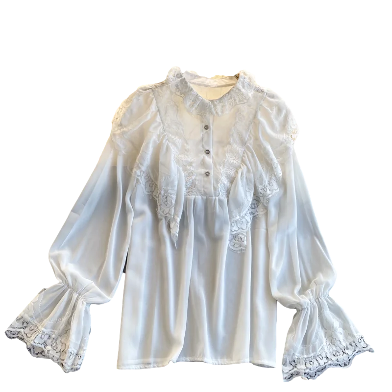 

2021 New Temperament Retro Lace Stitching Blouse Female Round Neck Trumpet Sleeve Loose and Thin Blusa Wild Polka Dot Shirt C201