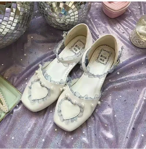 

cosplay Sweet princess lolita Victoria shoes vintage square head flat women shoes cute Princess lace pearl kawaii loli shoes