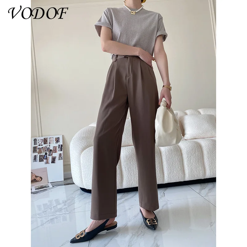 VODOF Women Chic Fashion With Seam Detail Office Wear Pants Vintage High Waist Zipper Fly Female Ankle Trousers
