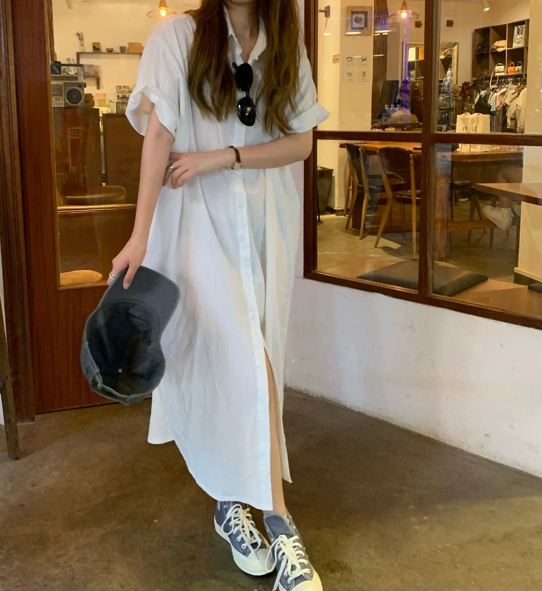 

Lazy Wind Dress Loose Slim Casual Shirt Skirt Summer Design Thin Solid Dress Women