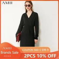amii minimalism winter knitted dresses for women elegant vneck full sleeve dress office lady new female french dresses 12040908