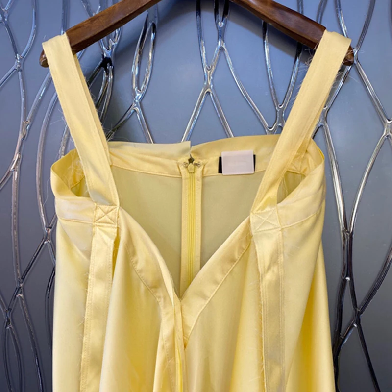 

Yellow Sweet Sling Dress For Women V Neck Sleeveless Casual Loose Irregular Hem Midi Dresses Female 2021 Summer New