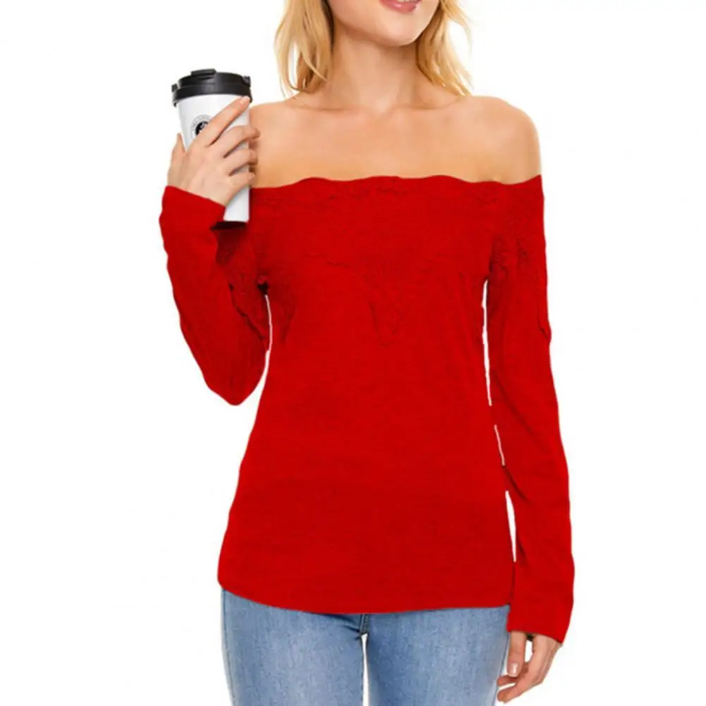 

Casual Blouse Off Shoulder Lace Women Soft and Comfortable Solid Color Long Sleeve Backless Top Suitable for Dating