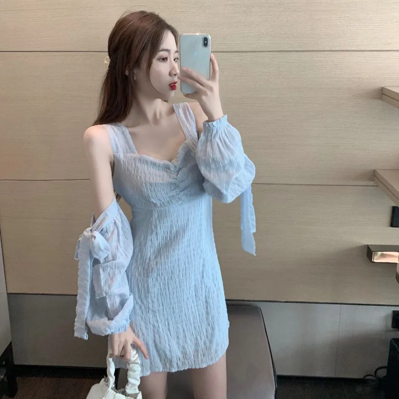

Pure Color Sexy Chic Temperament Pure Desire Sling Strapless Long-sleeved Chiffon Folds Strapless Back Slim Light Blue Dress