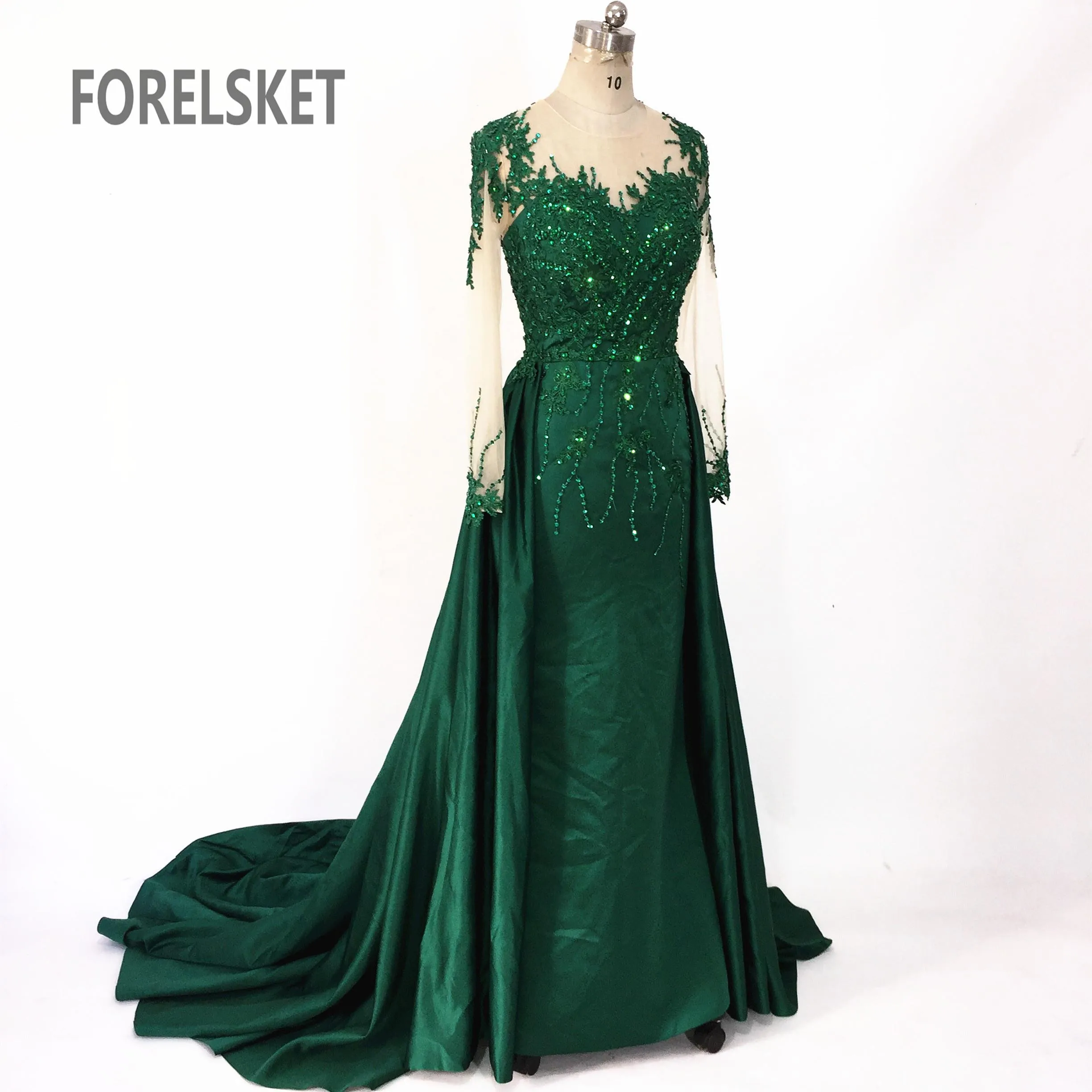 

Saudi Arabia Satin Mermaid Prom Dresses Green 2020 Lace Appliques Long Sleeves Formal Long Evening Party Gowns vestidos de festa