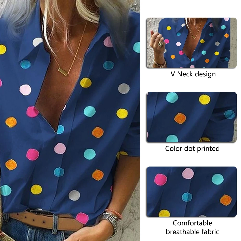 

Dihope Summer Blouse Women Tops Fashion Casual Long Sleeved Loose Dot Print Deep V Neck Shirt Bluzki Damskie Blusas Mujer De