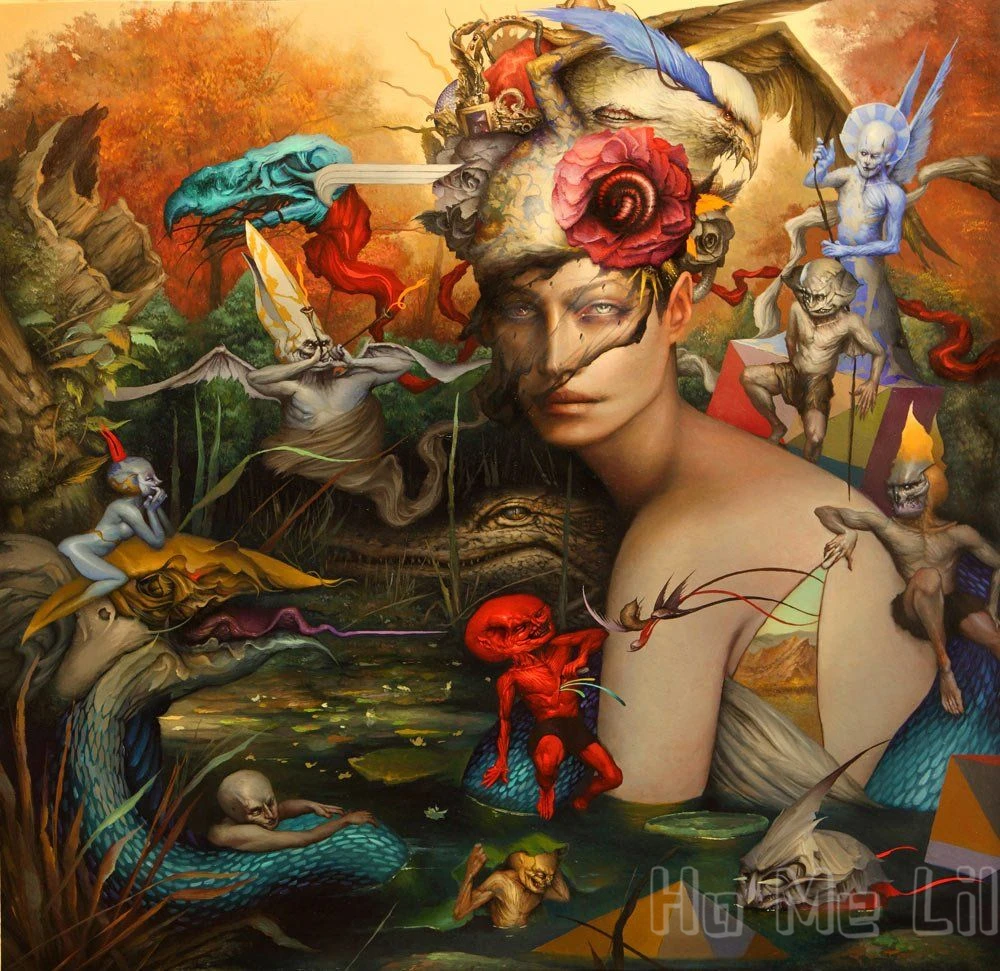 Tapiz de Interior &uacute;nico para artista surrealista, tapiz pintado de Dan Quintana con base de &aacute;ngeles-2