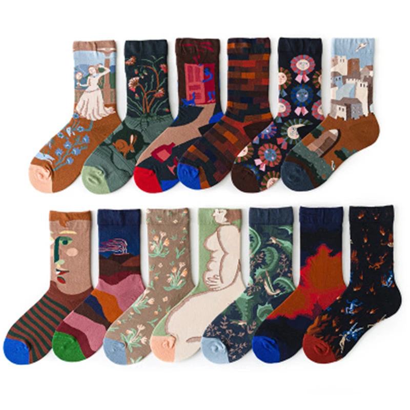 

1 pairs/set Happy Socks Men and Women Oil Painting Van Gogh Socks colorful Harajuku Skateboard Female cotton Woman Socks