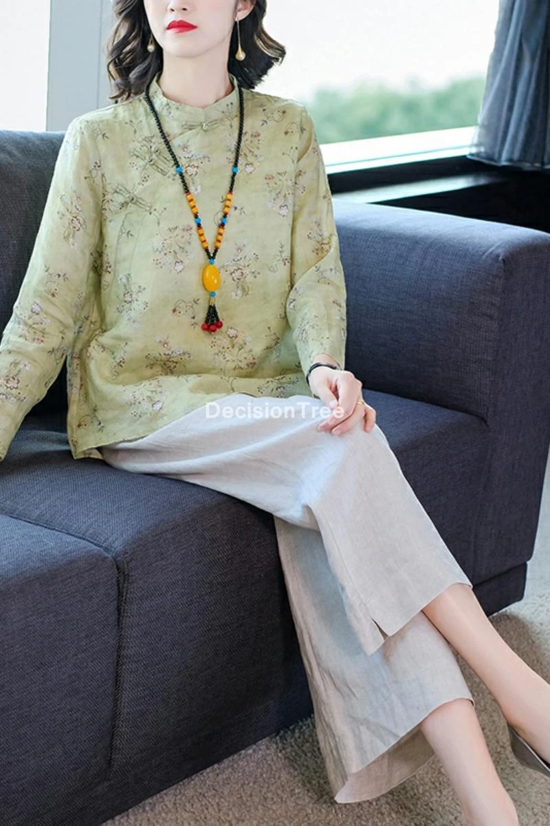 Женский комплект из топа и брюк шифоновая кофточка Ципао в китайском стиле