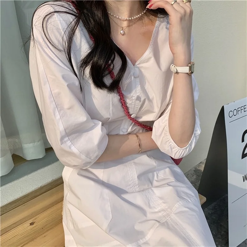 

Korean Style V-Neck Elegant Dress Women Bandage Design Slim Vintage Dress 2021 Summer Chic Office Lady Chiffon Thin White Dress