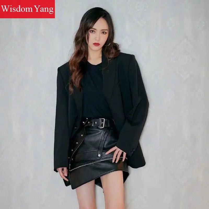 Осенняя юбка из натуральной овечьей кожи мотоциклетные Асимметричные мини-юбки