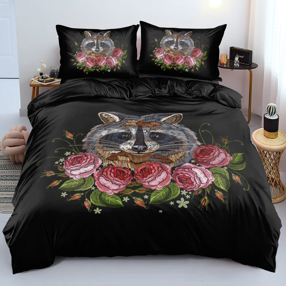 

3D Ethnic Raccoon with Roses Bedding Set Custom Design Comforter Cover Set Twin Queen King Size 265x230cm Bed Linen for Children