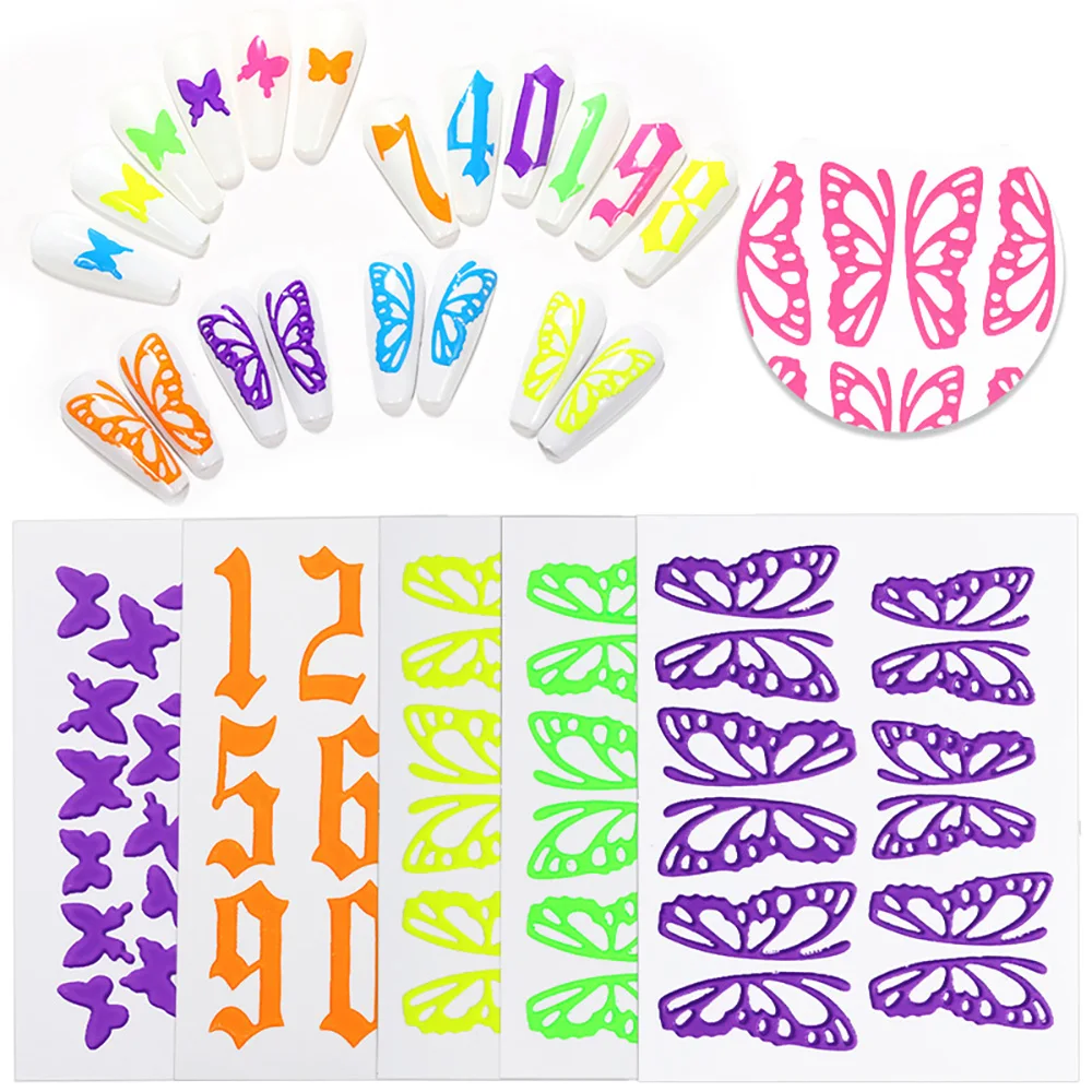 Стикеры для ногтей ANYLADY, флуоресцентные полые красочные цифры-бабочки, 3D наклейки для ногтей, дизайнерские модные художественные украшения