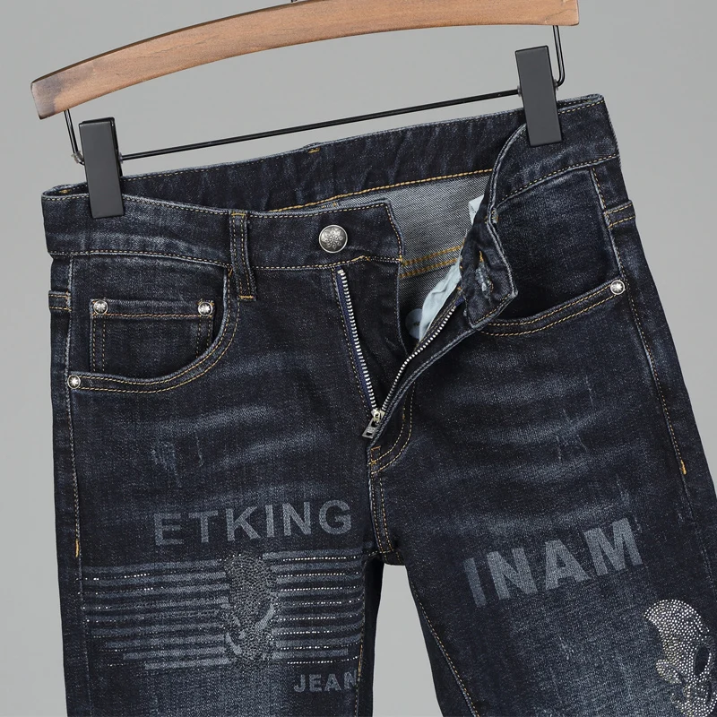 European Street Fashion Men Jeans High Quality Elastic Printed Designer Slim Ripped Jeans Men Skull Embroidery Denim Punk Pants
