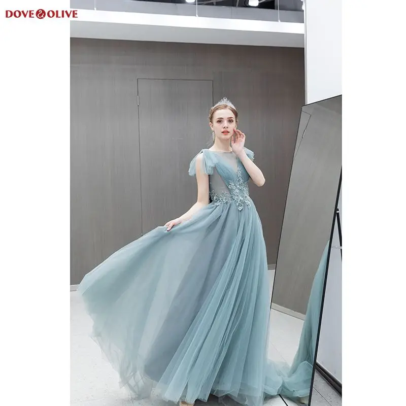 Синее платье для выпускного вечера 2020 длинное прозрачное кружевное с иллюзией на