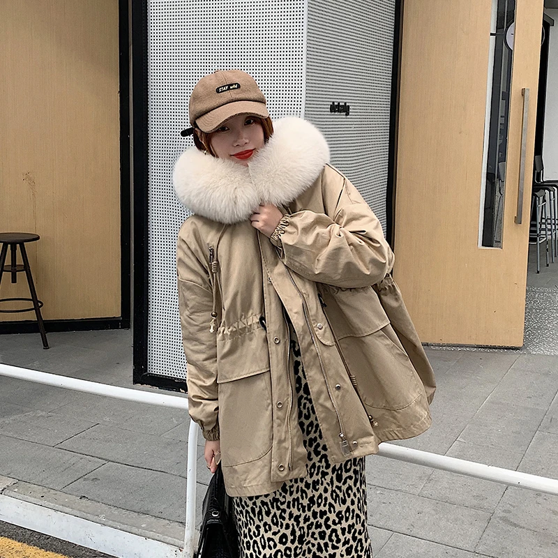 

2020 New Women Rex Rabbit Parkas Fox Fur Hooded Olive Green Parka Winter Warm Jackets Overcoats Clothing Short Outwear Khaki