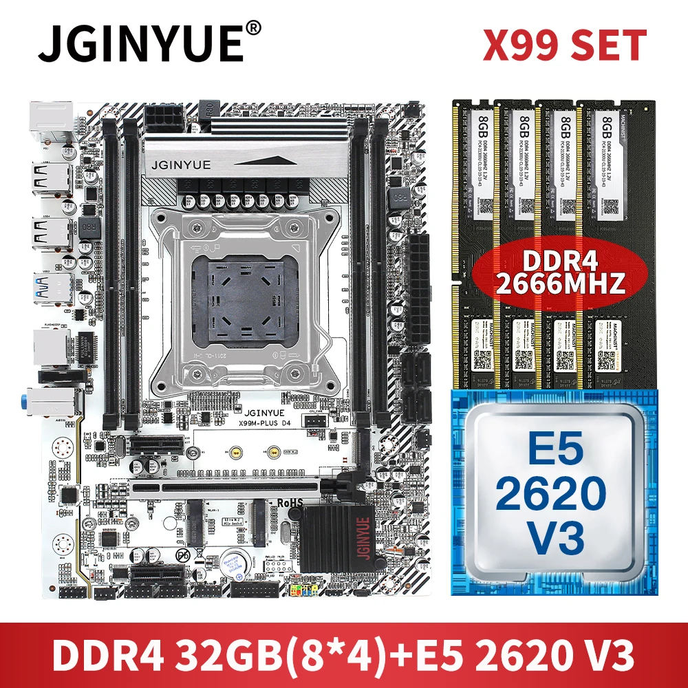 Verkauf JGINYUE X99 Motherboard LGA 2011-3 Combo Mit 32GB 4*8GB DDR4 RAM Speicher Intel XEON E5 2620 V3 Prozessor Set Kit X99M-PLUS D4