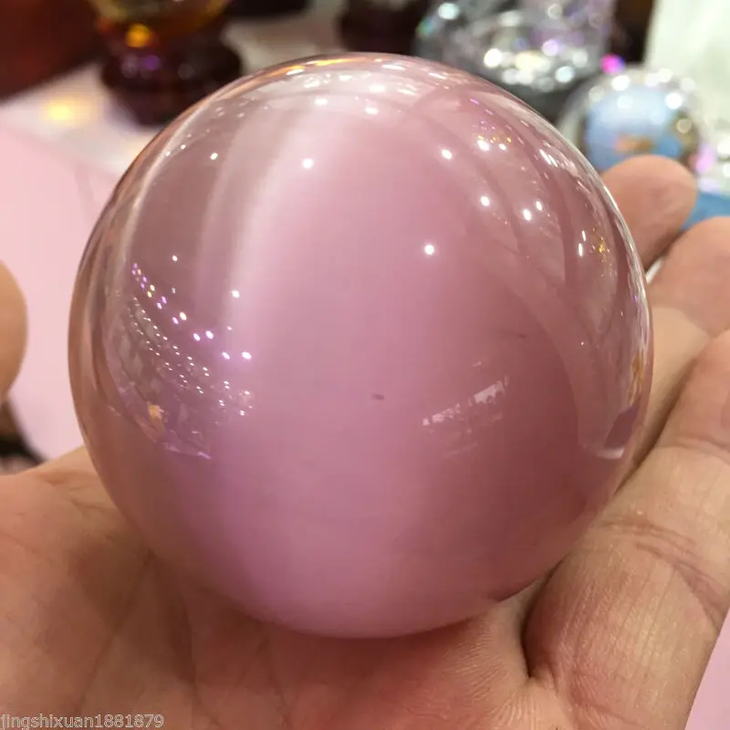 

40-100mm Rare natural pink crystal cat eye crystal ball + stand 5AAA