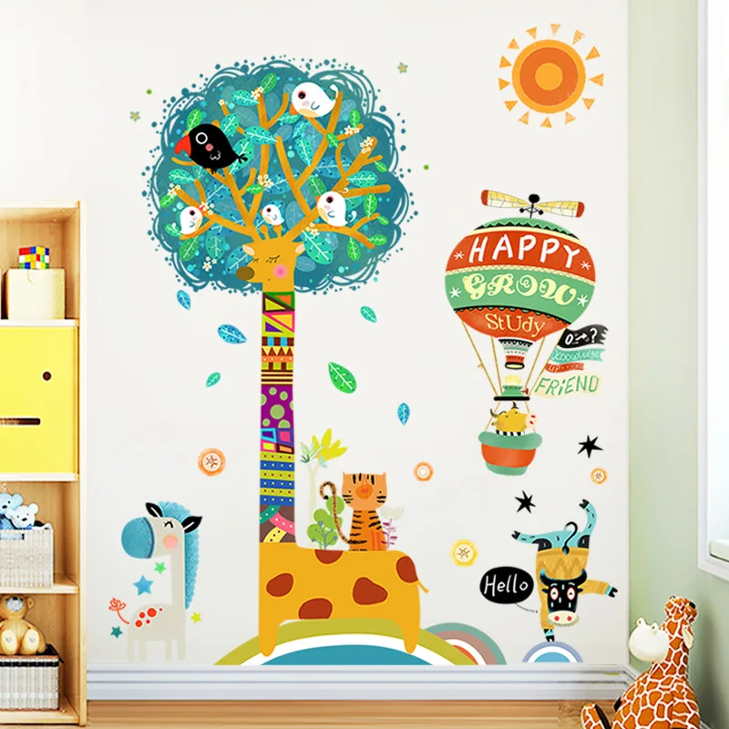 Creative Big Tree Bird Hot Air Balloon Hand-painted Wall Sticker Children's Room Kindergarten Classroom Nursery Wall Decoration