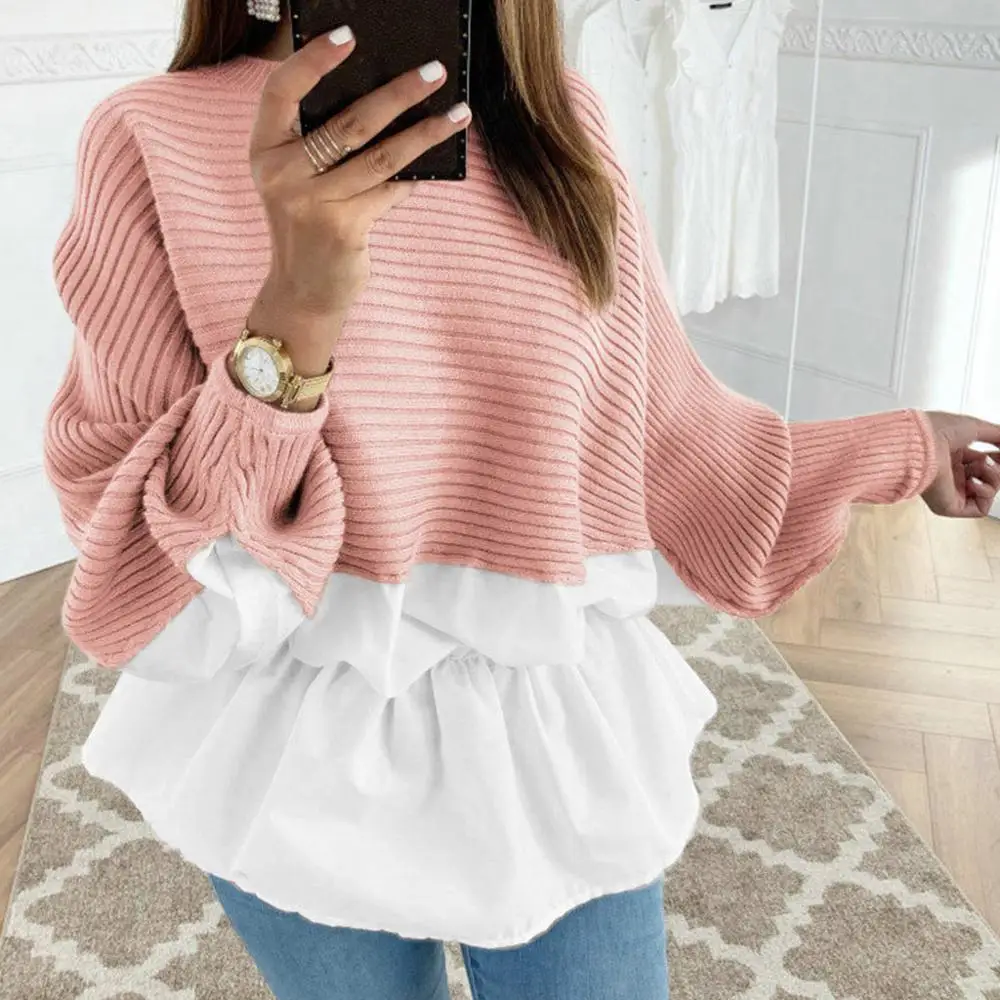 XINKAI Зимний вязаный джемпер с оборками свитер в стиле пэчворк свободная рубашка