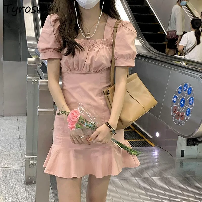 

Short Sleeve Mini Dress Women Designed Cozy Streetwear High Waist Square Collar Japanese Style All-match Pink Sweet Vestidos New