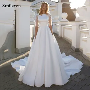 Smileven Elegant Satin Wedding Dresses Half Sleeve Lace Bride Dresses Wedding Gown Open Back Vestido de novia 2021