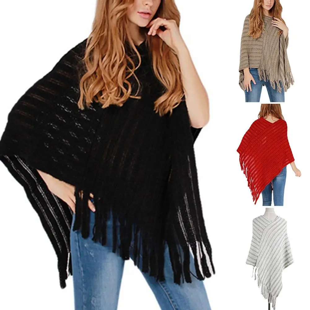 Новое дамское зимнее теплое пальто полосатая шаль с бахромой вязаный свитер плащ